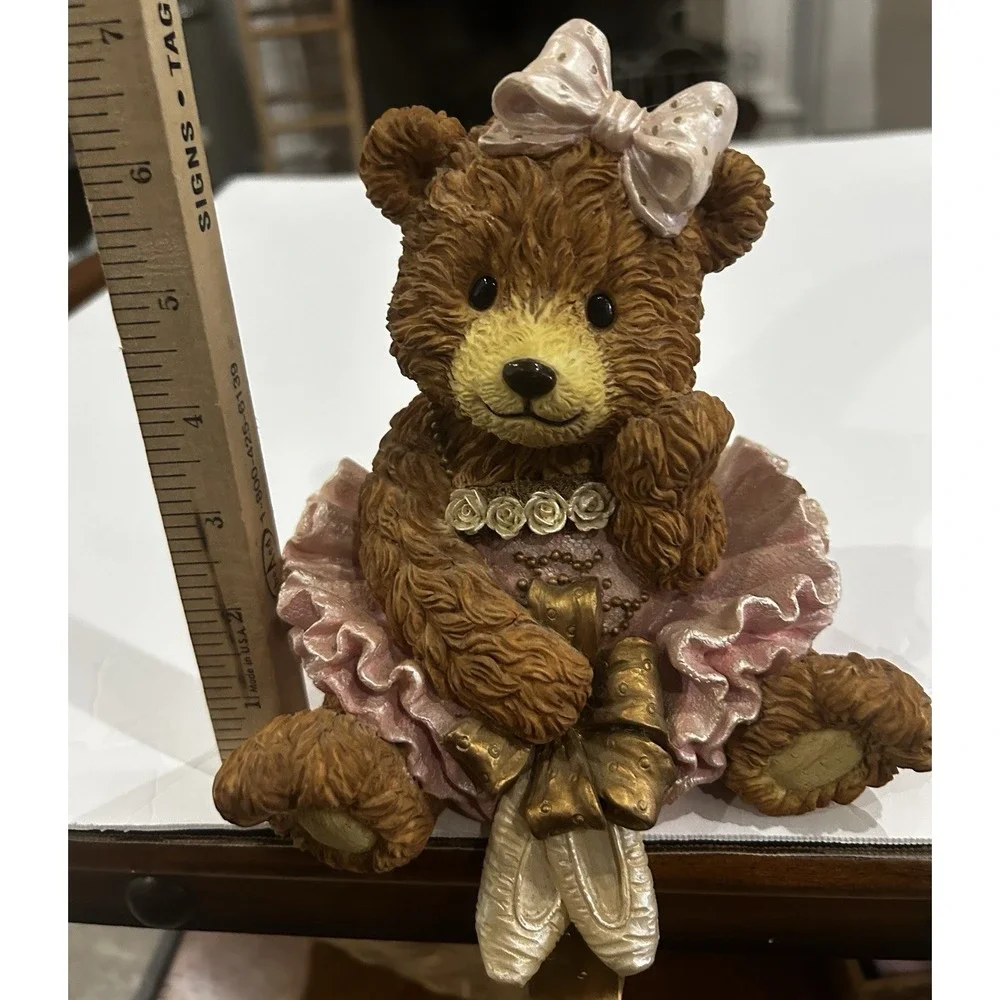 Vintage Teddy Bear Ballerina Resin Figurine W/ Hook Nursery Shelf Decor Dancer
